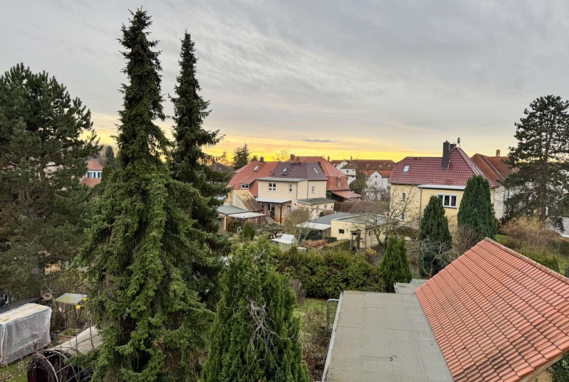 Residential neighborhood with red-tiled roofs and tall evergreen trees against a cloudy sky at sunset.