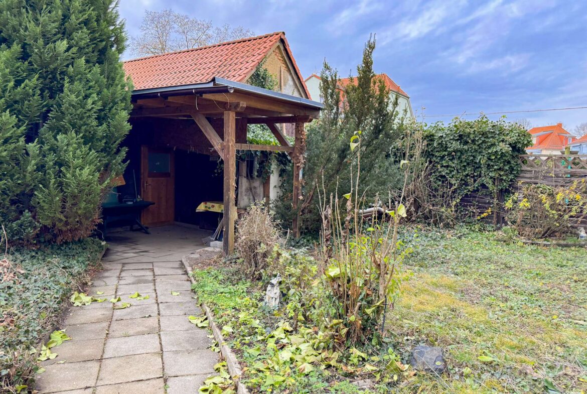 Backyard scene with a wooden shed and tiled roof, surrounded by ivy and overgrown plants along a stone path.