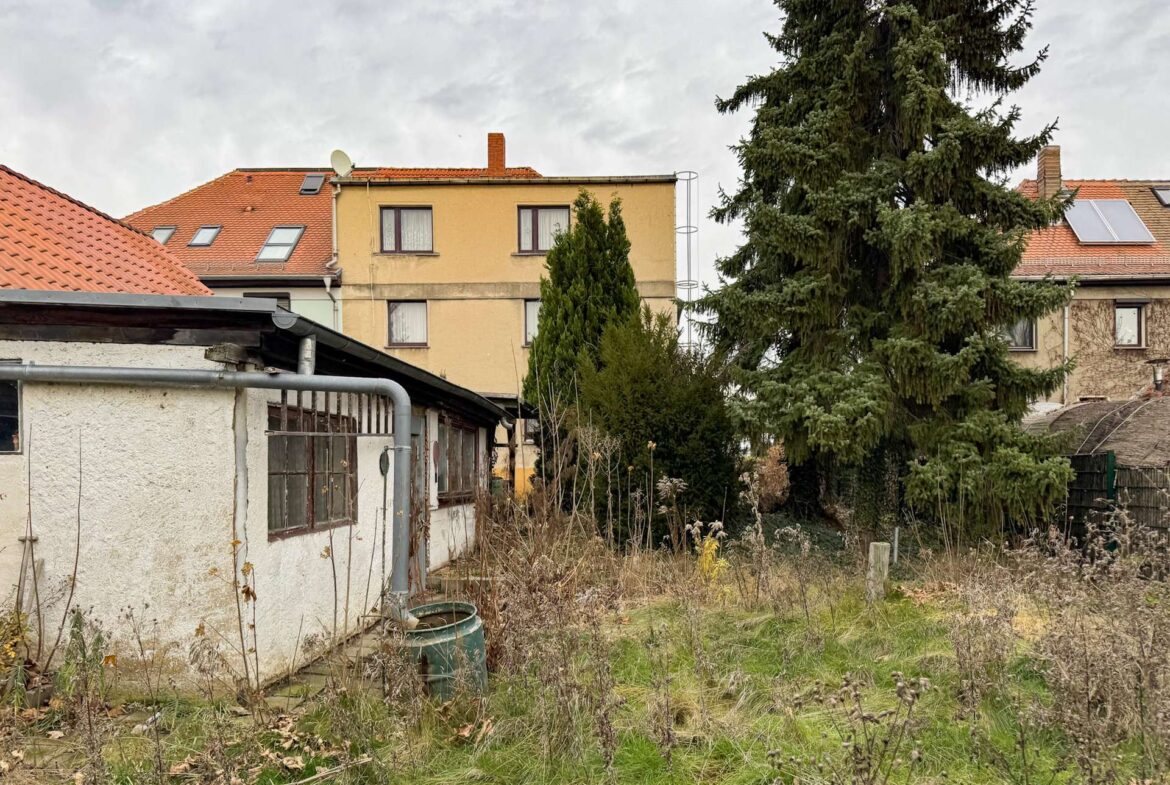 Backyard scene with a beige, two-story apartment building, orange tiled roofs, a satellite dish, and a large evergreen tree amid overgrown grass and weeds in the foreground.