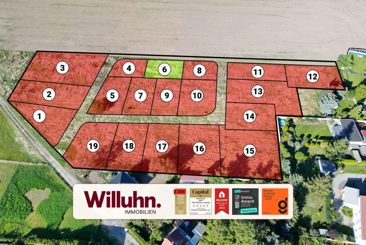 Aerial map of a housing subdivision with numbered red parcels outlined in black; plot 6 is highlighted green.