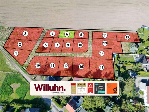 Aerial map of a housing subdivision with numbered red parcels outlined in black; plot 6 is highlighted green.