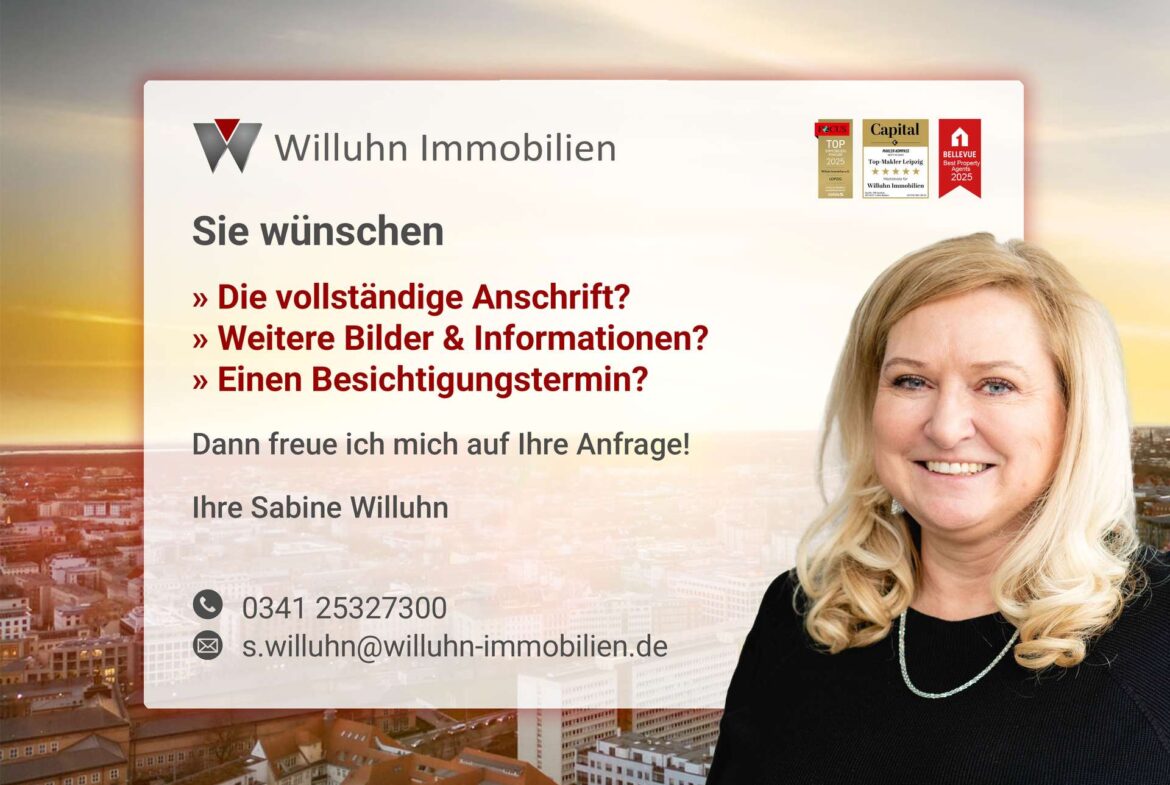 Willuhn Immobilien banner with a smiling woman on the right, logo, awards, and contact prompts on a cityscape backdrop.