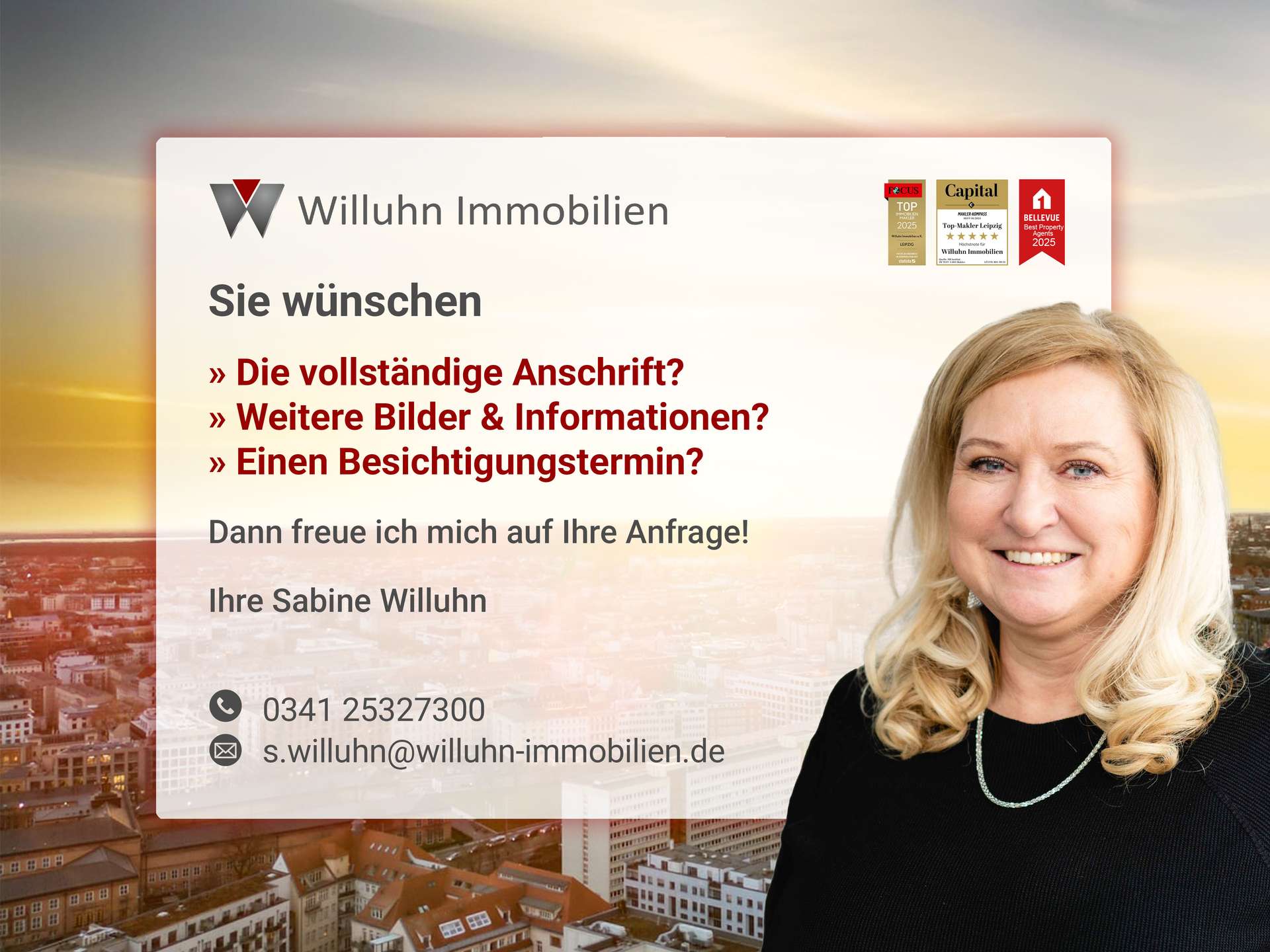 Willuhn Immobilien banner with a smiling woman on the right, logo, awards, and contact prompts on a cityscape backdrop.