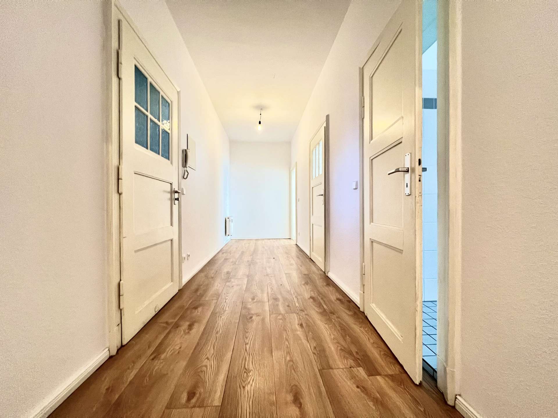 Narrow white hallway with paneled doors on both sides and a single bare lightbulb.