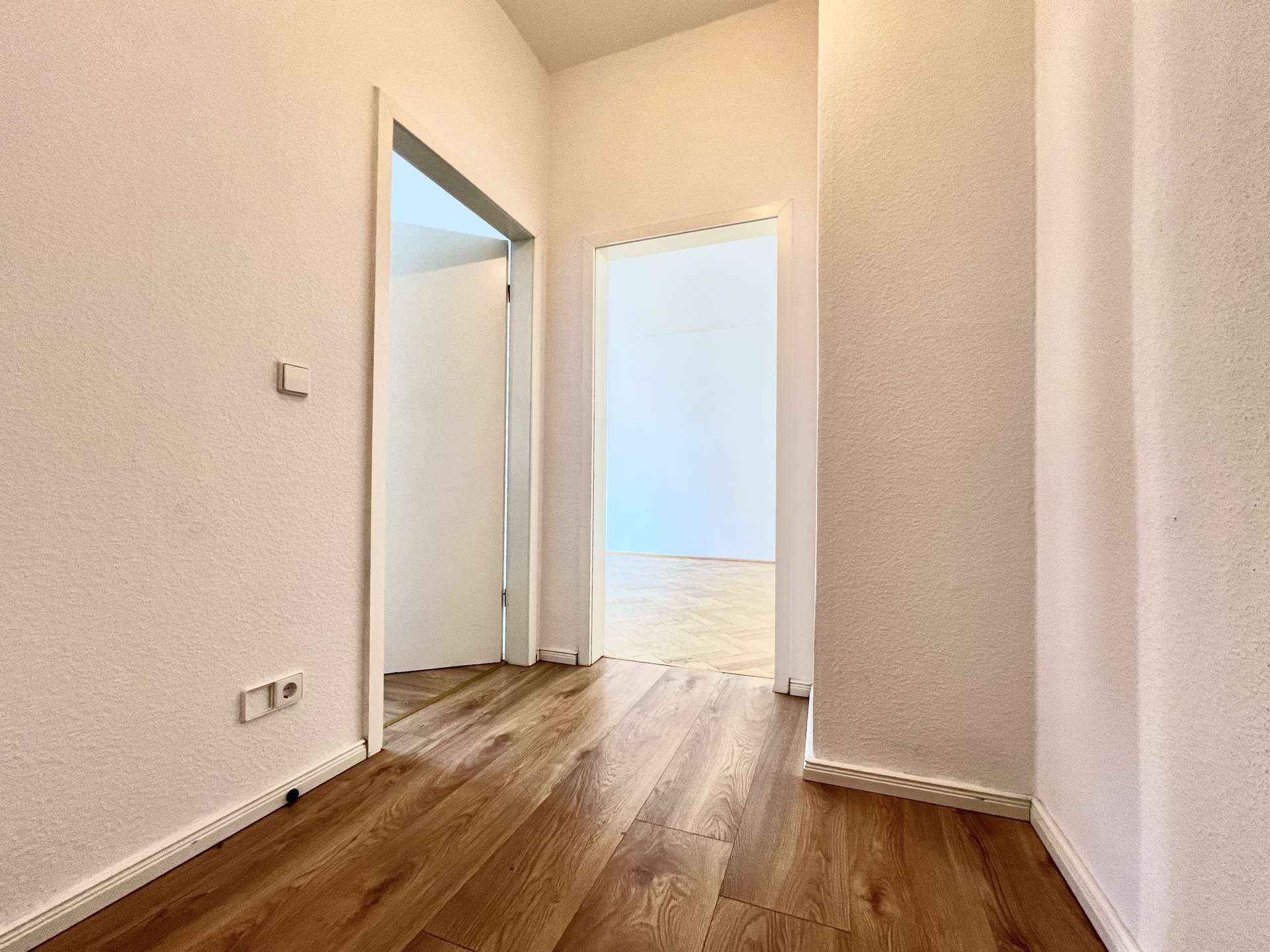 White-walled hallway with wood floors and an open doorway to a bright room at the end.