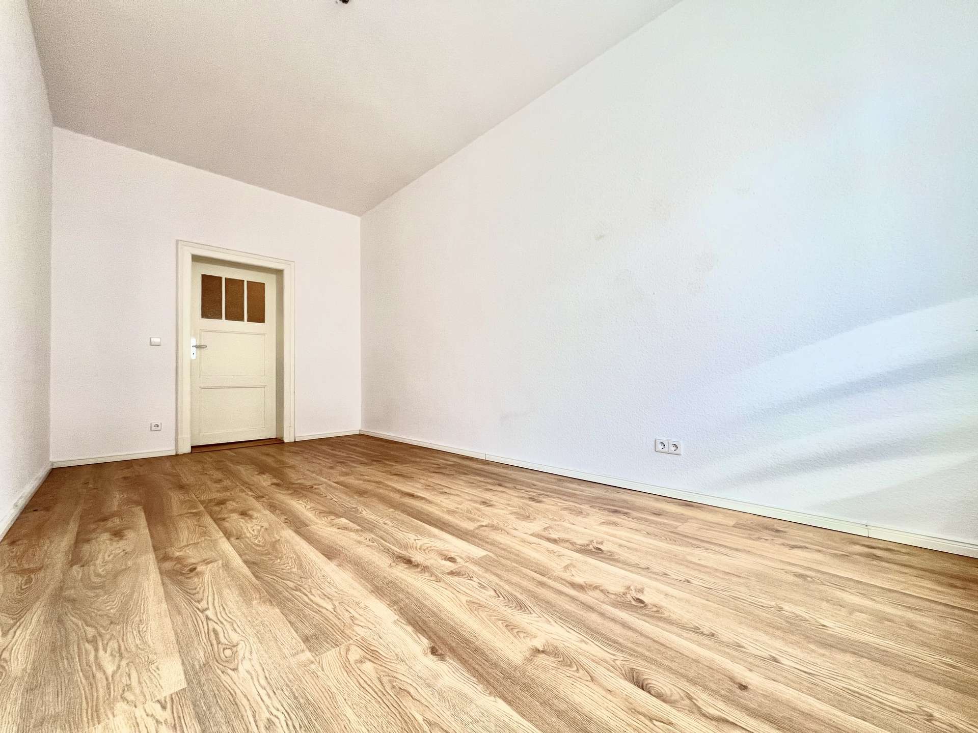 Room with white walls, light wood plank flooring, and a white door in the back left corner.