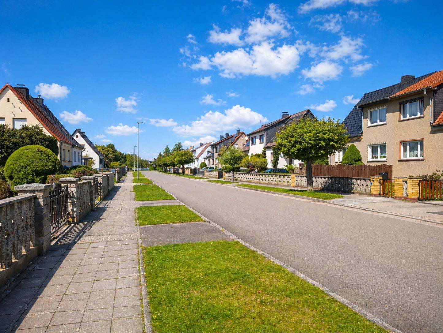 Suburban street with row houses, manicured lawns, and a blue sky.