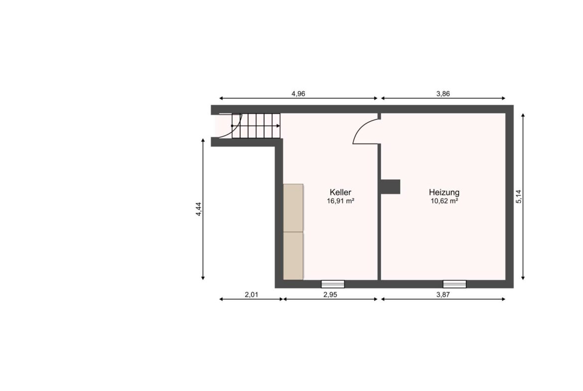 Floor plan of a basement area showing a Keller (16.91 m²) and a Heizung room (10.62 m²) with stairs on the left and dimension labels along the walls.