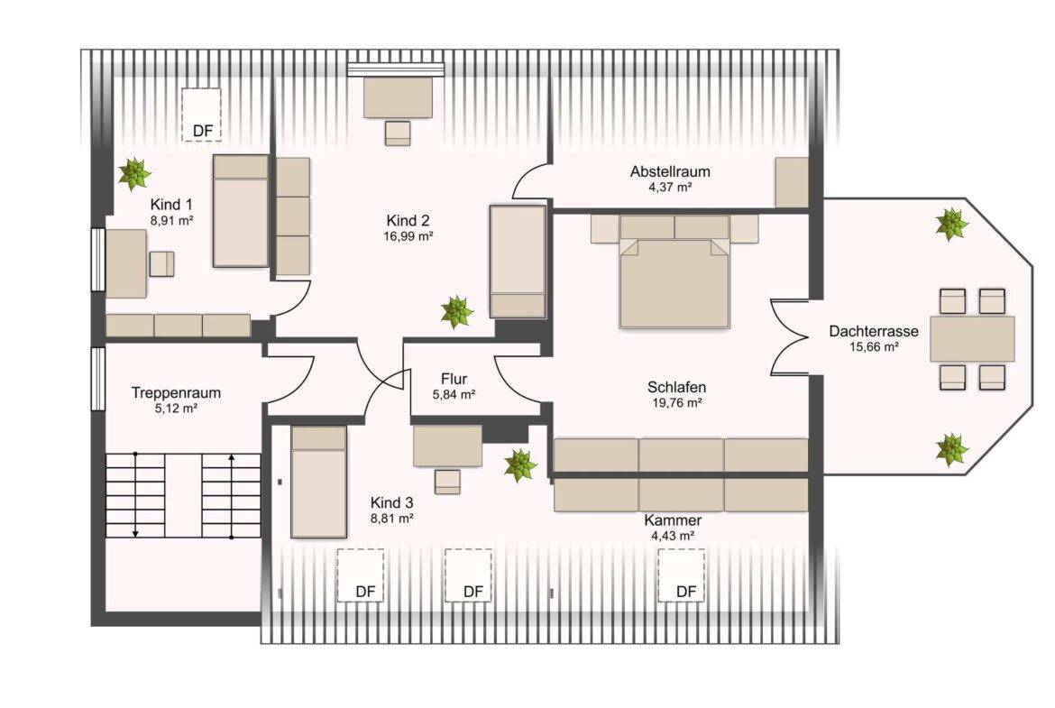 Dachgeschoss-Grundriss mit Zimmern: Kind 1, Kind 2, Kind 3, Schlafen, Flur, Treppenhaus, Abstellraum und Dachterrasse.