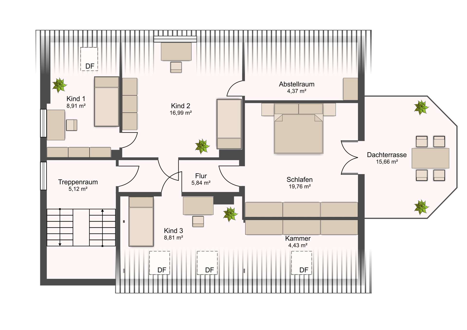 Dachgeschoss-Grundriss mit Zimmern: Kind 1, Kind 2, Kind 3, Schlafen, Flur, Treppenhaus, Abstellraum und Dachterrasse.