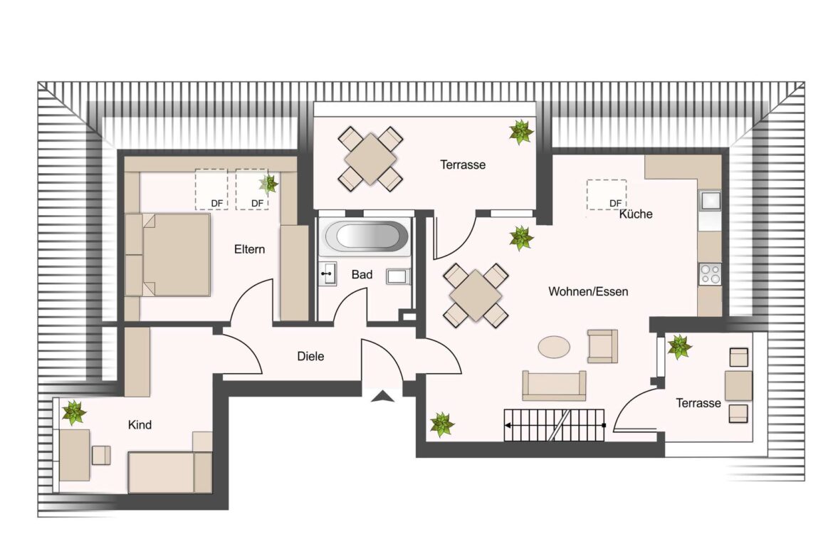 Grundriss einer Wohnung mit Diele, Eltern-, Kinderzimmer, Bad, Küche, Wohnen/Essen und Terrasse(n).