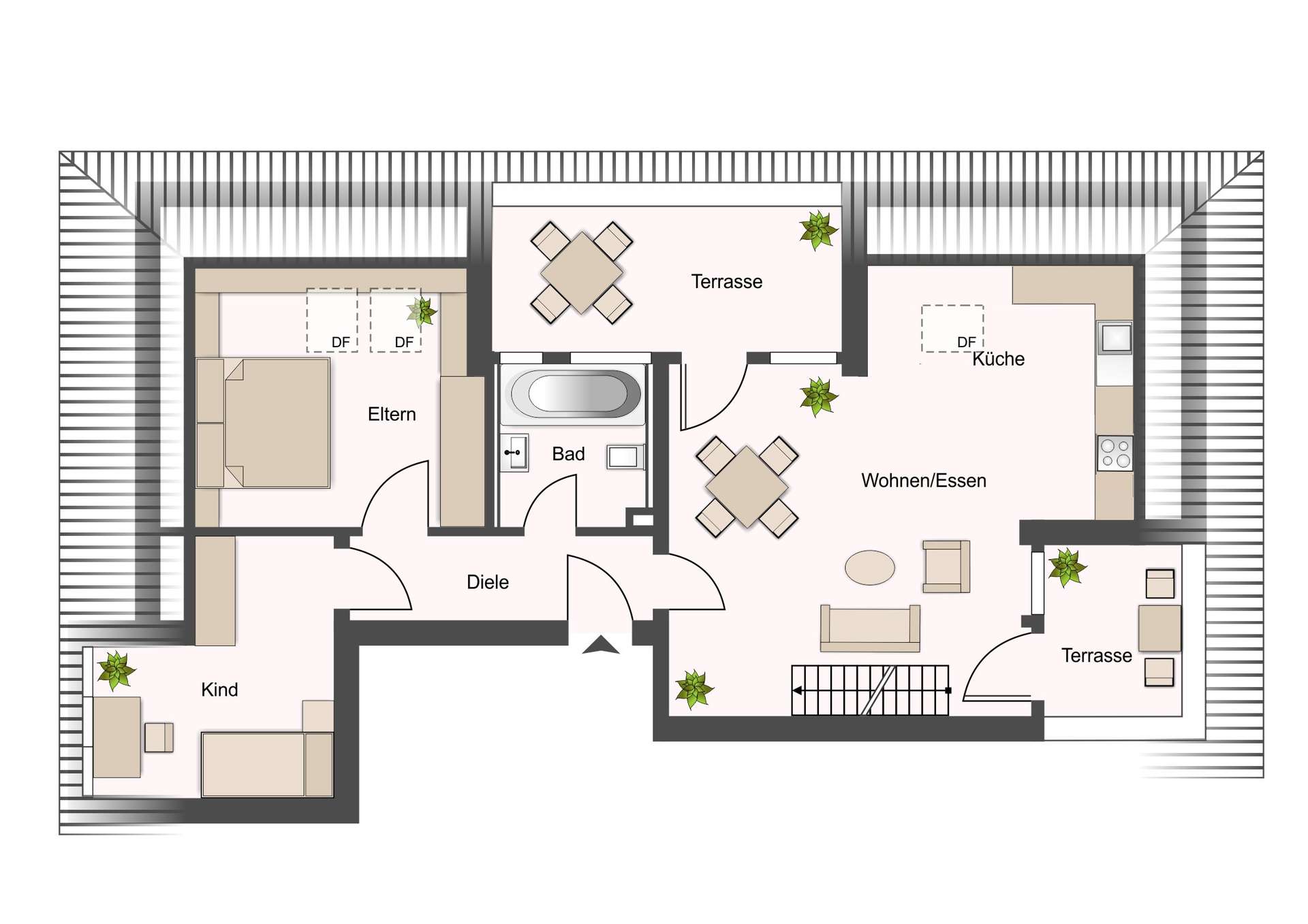 Grundriss einer Wohnung mit Diele, Eltern-, Kinderzimmer, Bad, Küche, Wohnen/Essen und Terrasse(n).