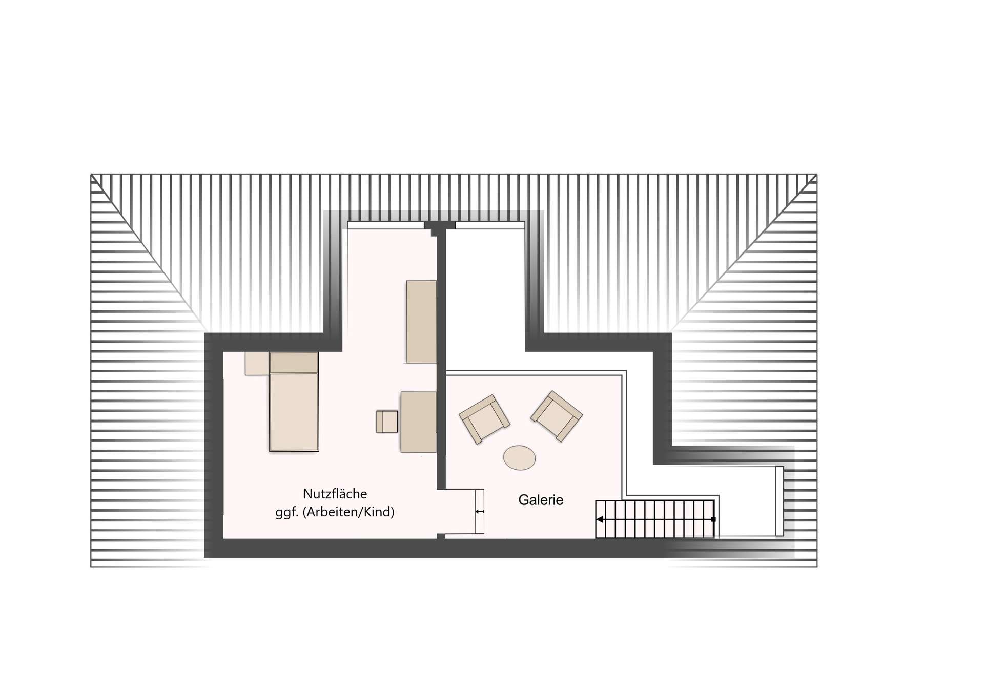 Top-down architectural floor plan showing two rooms: left 'Nutzfläche ggf. (Arbeiten/Kind)' and right 'Galerie', with a staircase at the bottom right and a striped surrounding roof outline.