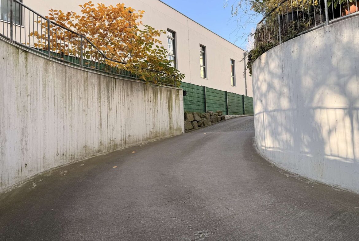 Curved concrete alley with a metal railing, autumn tree with yellow leaves overhanging the wall, and a blue sky above.
