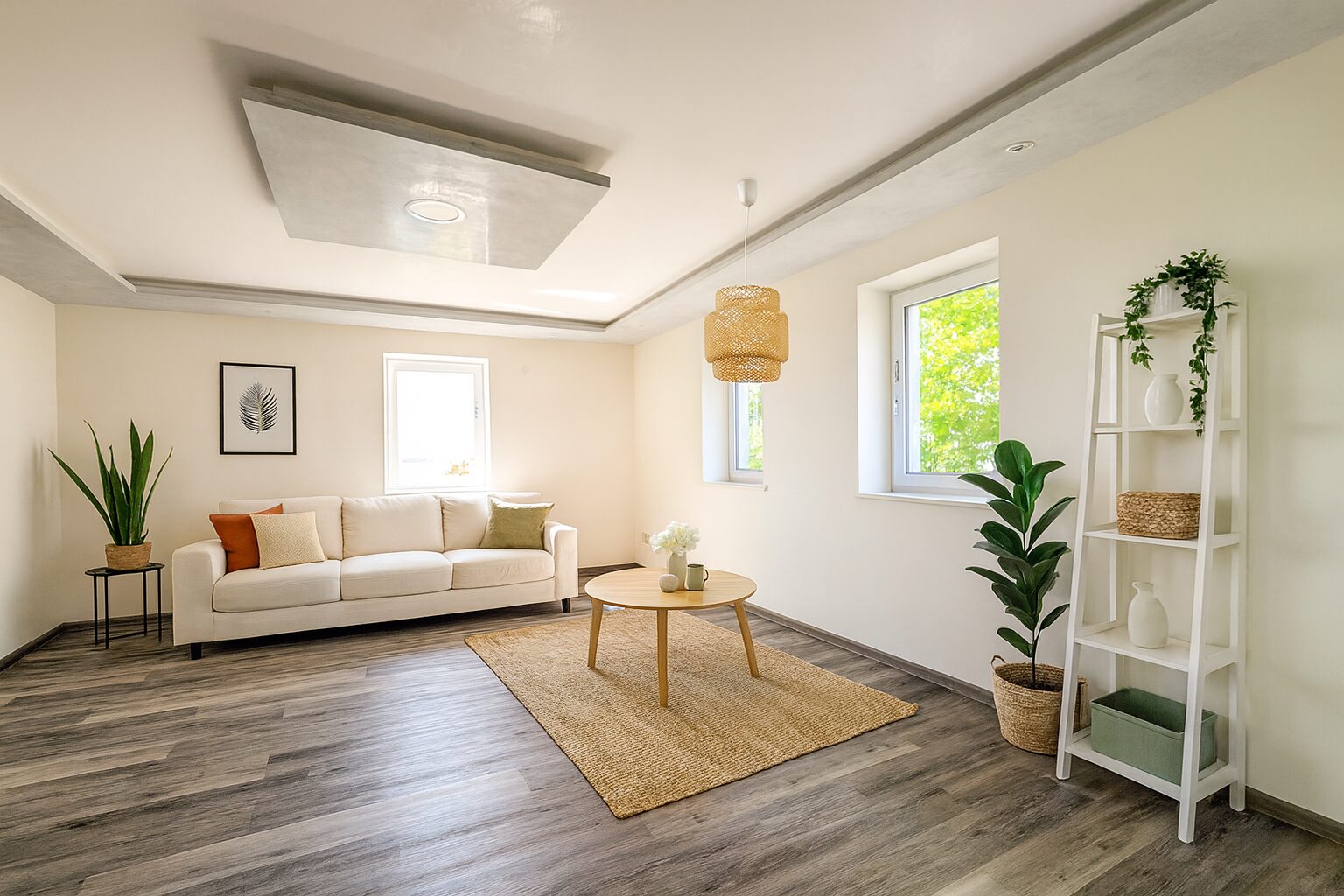 Bright living room with a white sofa, green plants, and a round wooden coffee table on a woven rug near two windows.