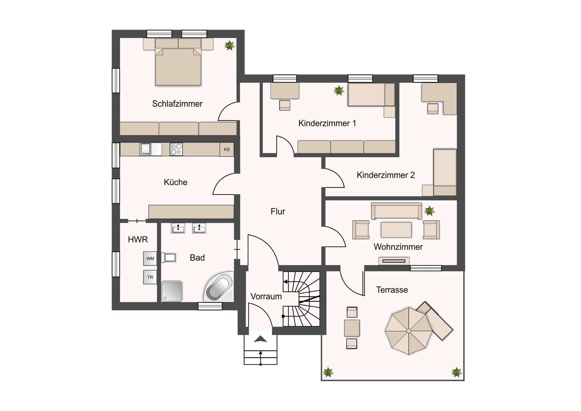 Floor plan of a home with labeled rooms: Wohnzimmer, Terrasse, Flur, Schlafzimmer, Kinderzimmer 1 & 2, Küche, Bad, HWR, Vorraum. Full of furniture shown.