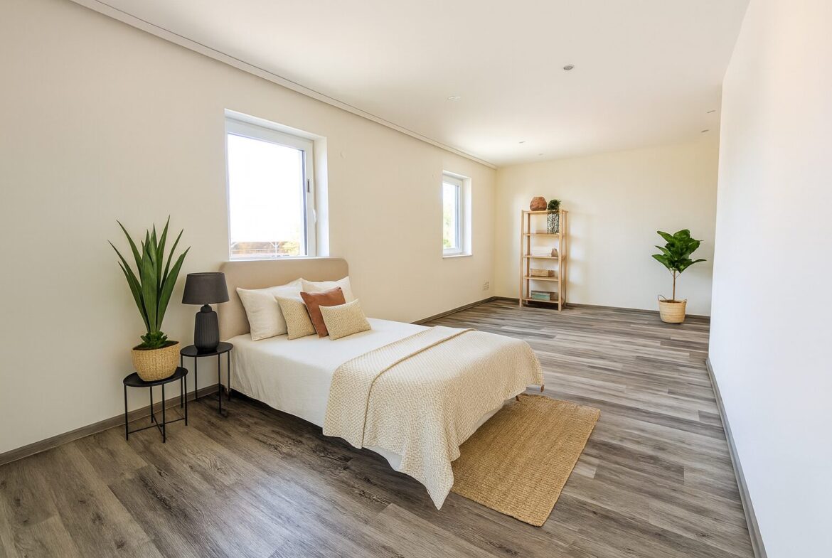 Minimalist bedroom with a low bed, white bedding, beige throw, and small black side tables holding a lamp and plant on the left.