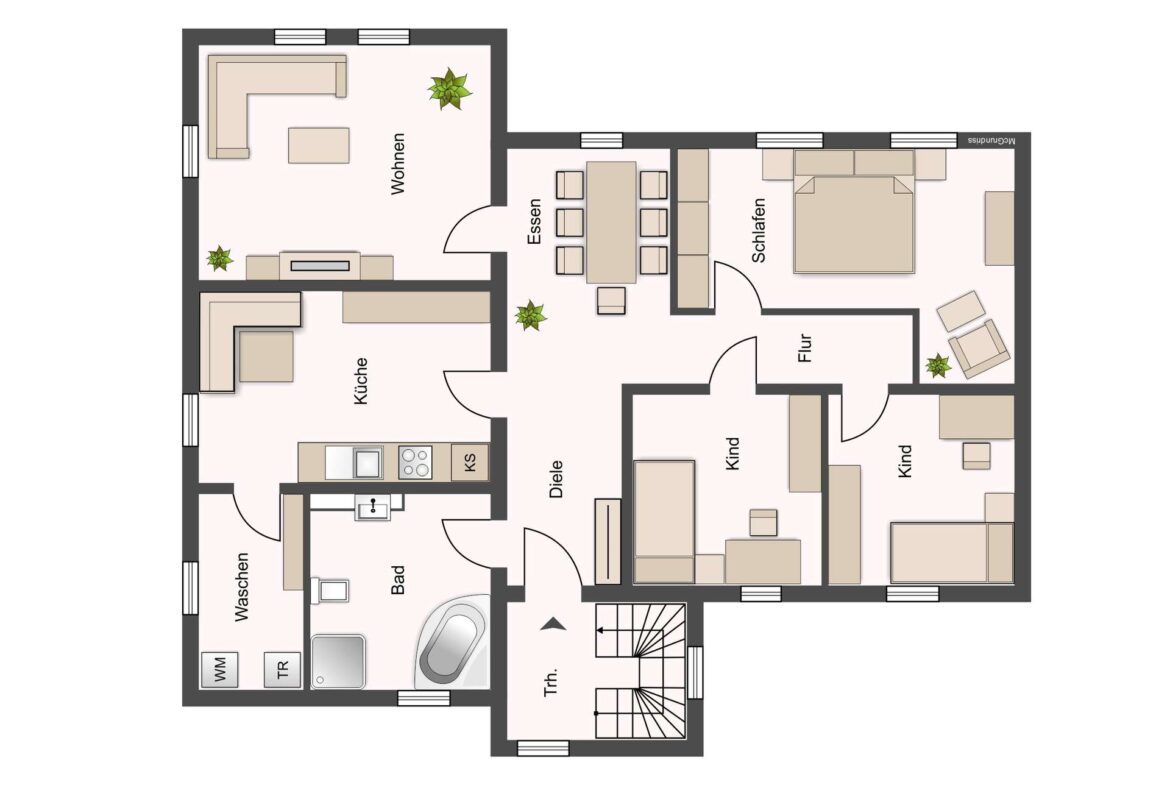 Grundriss eines Apartments mit gekennzeichneten Räumen: Küche, Bad, Waschen, Diele, Flur, Essen, Wohnen, Schlafen und Kinderzimmer, samt Möbeln