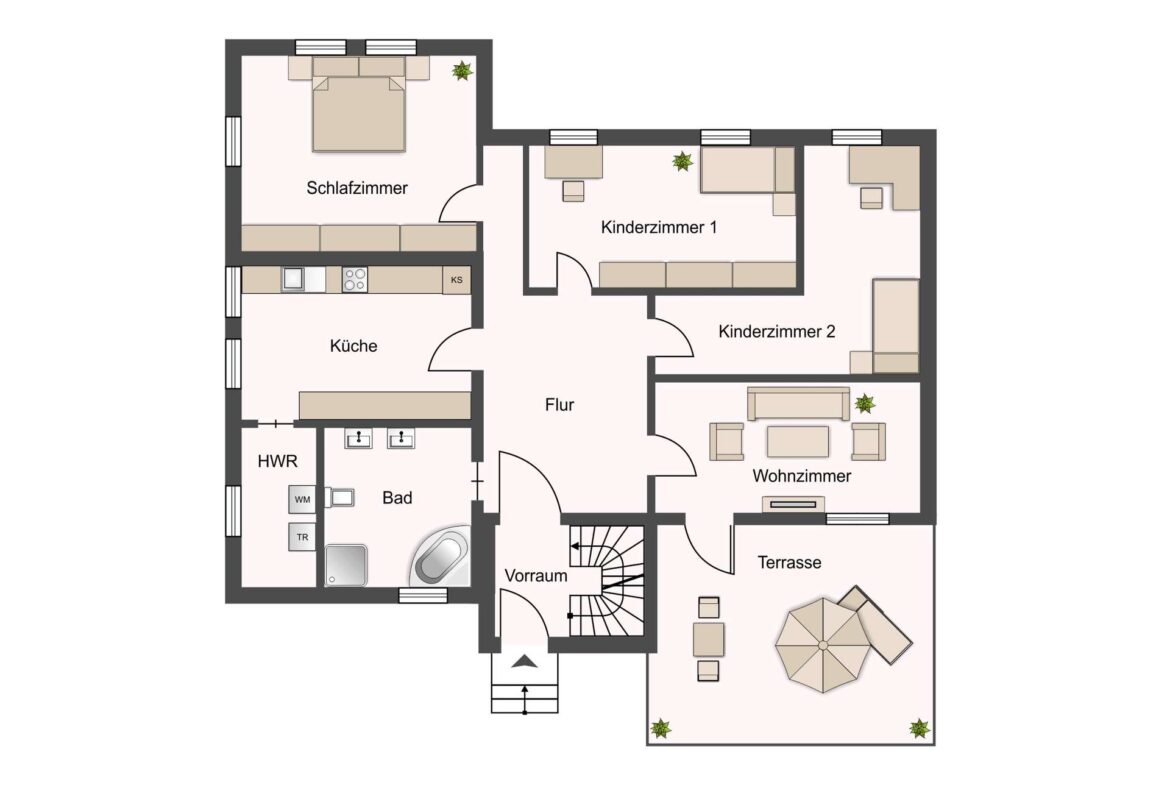Grundriss eines Wohnhauses: Wohnzimmer, Küche, Bad, Flur, Vorrraum und zwei Kinderzimmer sowie Schlafzimmer, Terrasse und HWR sichtbar, mit Möbeln eingezeichnet.