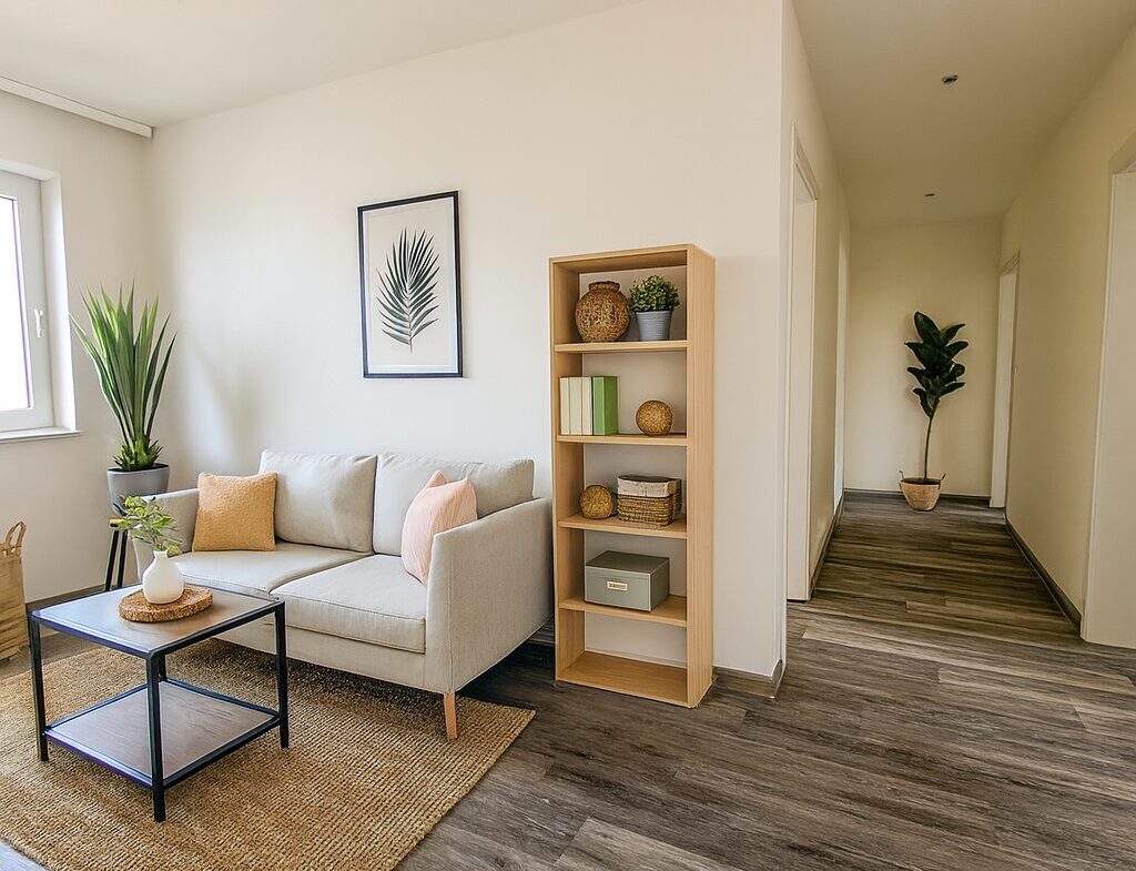 Bright, minimalist living room with a beige sofa, pastel cushions, a wooden bookshelf, and potted plants by a window on a woven rug.
