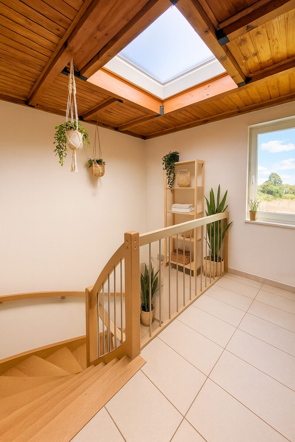Bright stair landing with a wooden railing, skylight and hanging plants, plus a tall shelf with towels and baskets by a window.