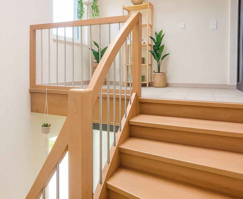 Wooden staircase with metal balusters leading to a bright landing with potted plants and a shelving unit.