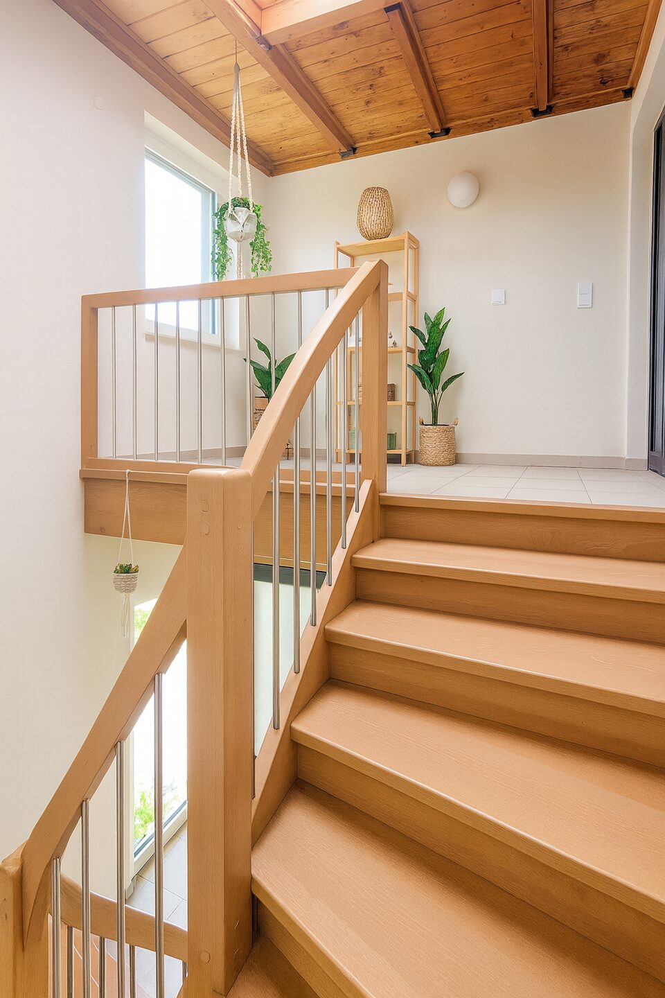 Bright wooden staircase with metal balusters leading to a sunlit landing decorated with plants and a shelving unit under a wooden beam ceiling.