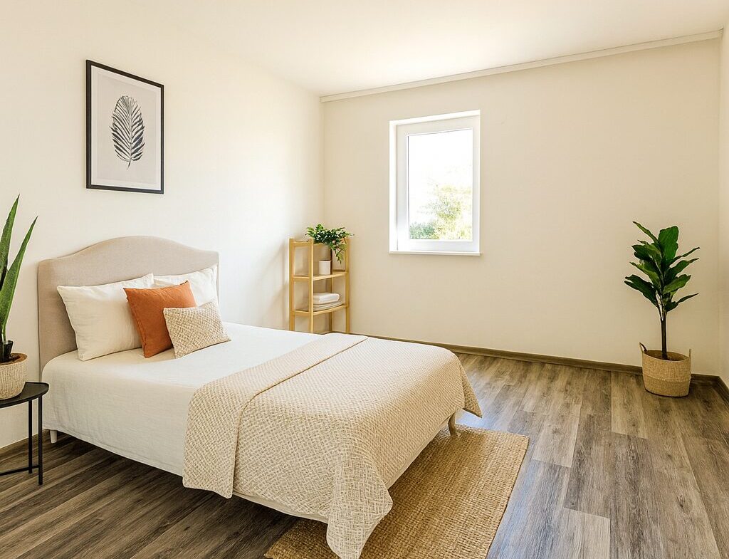 Minimal bedroom with a white bed, beige headboard, white bedding, and an orange pillow; woven rug and wooden side table nearby.