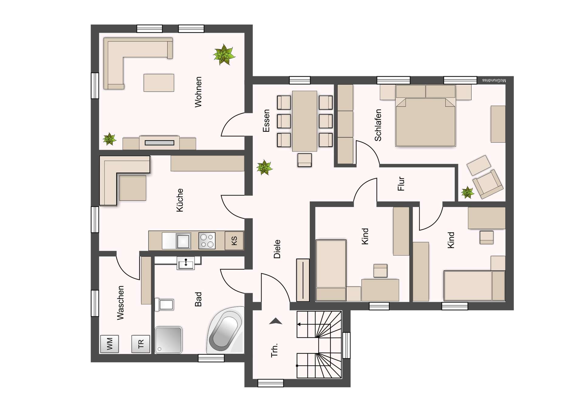 Grundriss einer Wohnung: Wohnzimmer, Küche, Essbereich, Flur, Schlafzimmer, Kinderzimmer, Bad und Waschraum, mit Möbeln dargestellt.