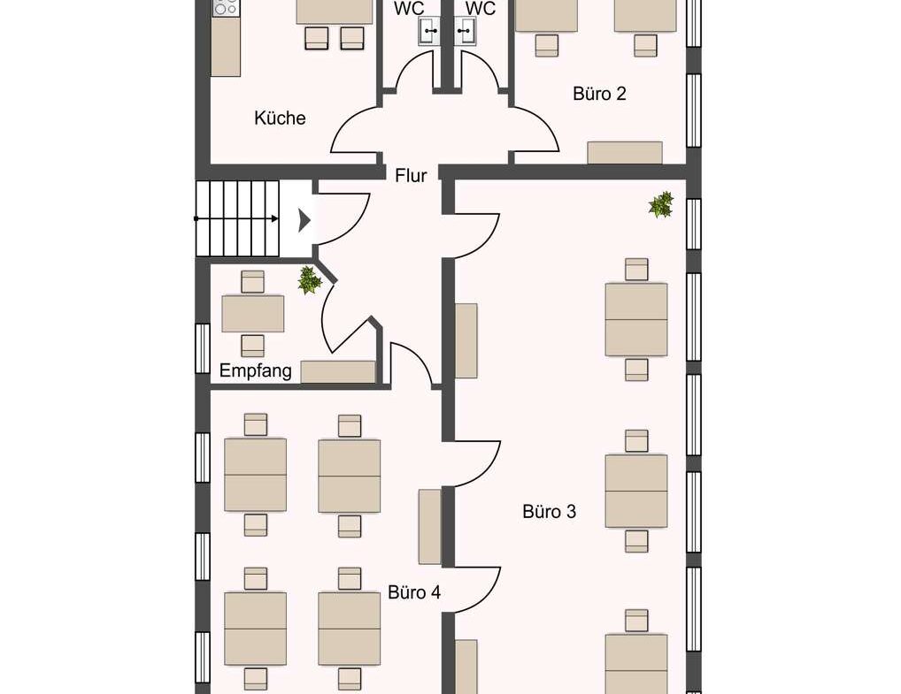 Top-down floor plan of an office suite: Empfang and lobby at left, central Flur with two WCs, Küche top-left, and Büro 2, 3, 4 along the right side.