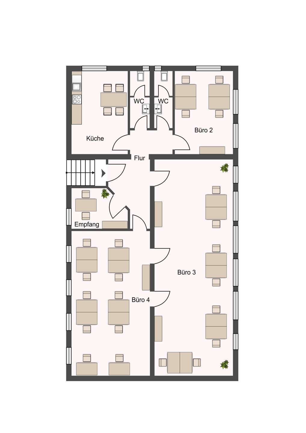 Top-down floor plan of an office suite: Empfang and lobby at left, central Flur with two WCs, Küche top-left, and Büro 2, 3, 4 along the right side.
