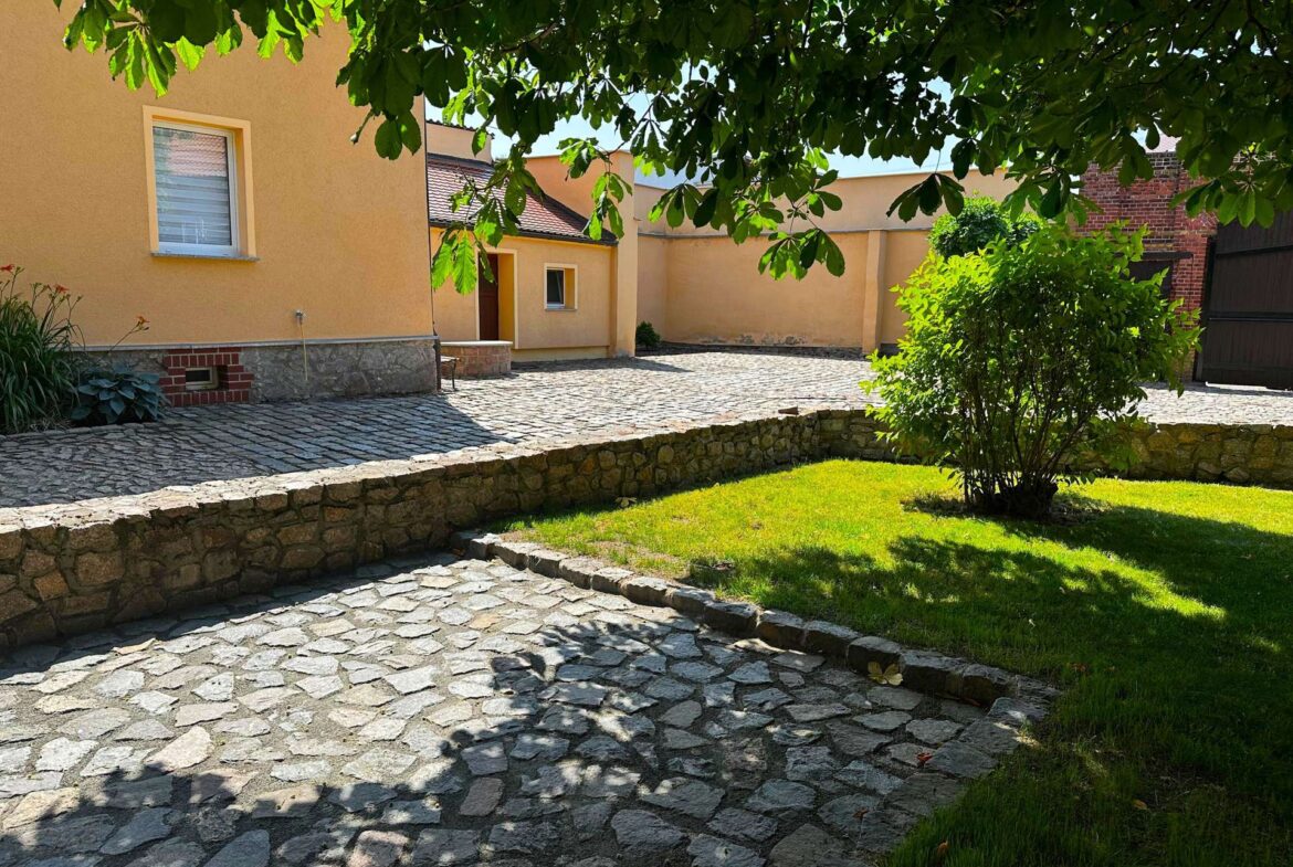 Cobbled courtyard with pale yellow buildings, a low stone wall, and a leafy tree overhead casting shadows.