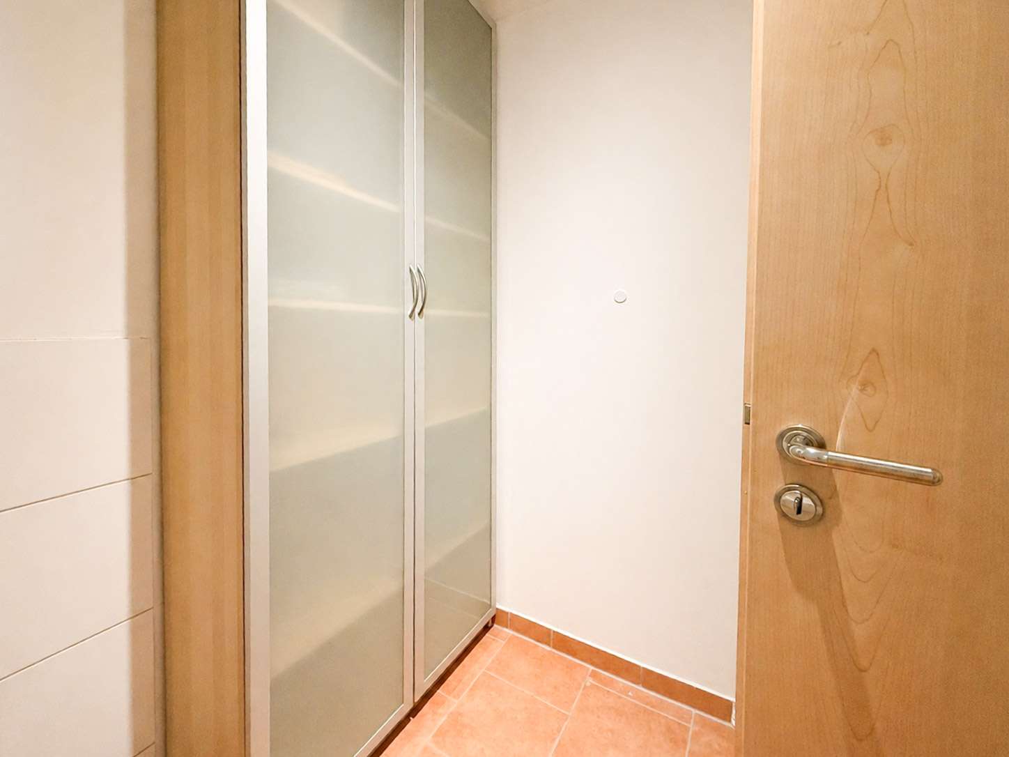 Narrow hallway with a wooden door ajar on the right and a frosted glass wardrobe on the left, tiled floor beneath a peachy floor.
