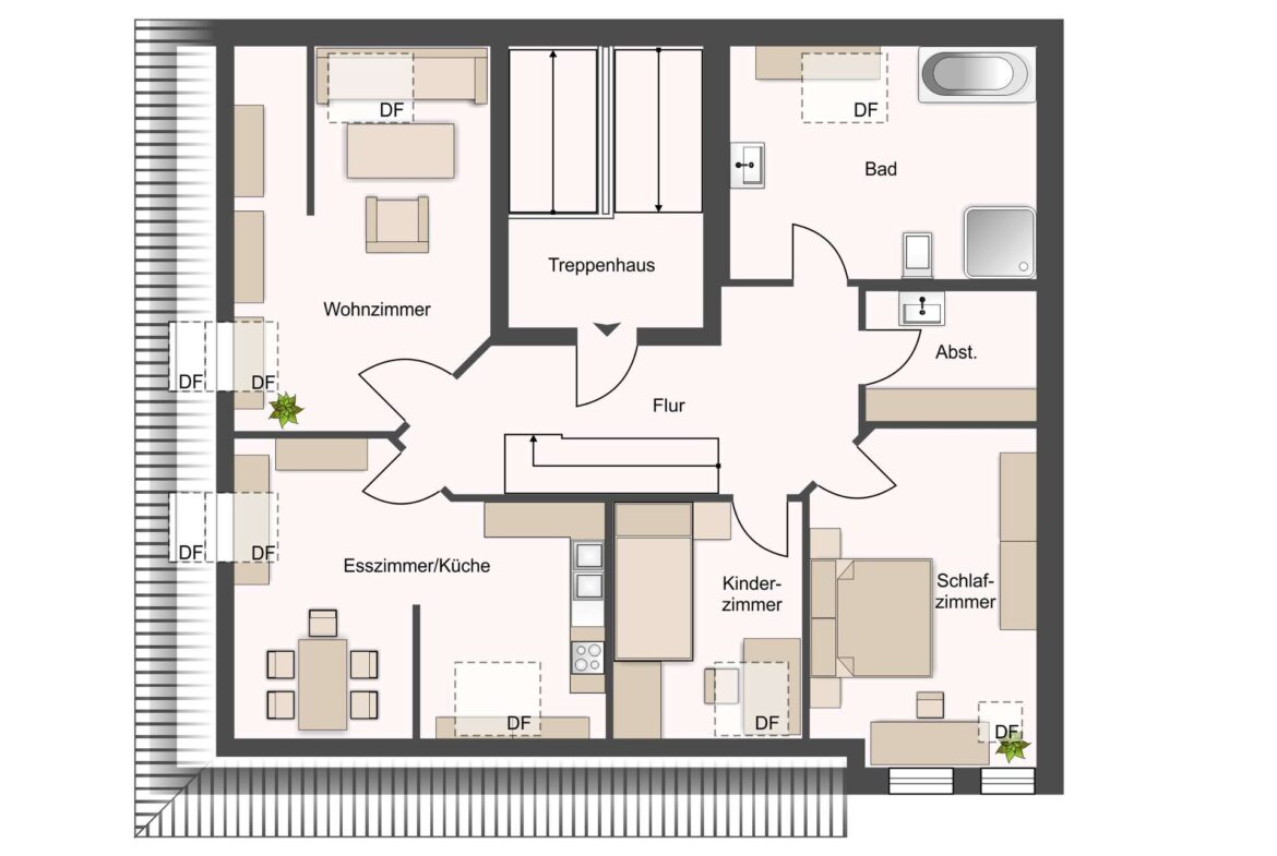 Grundriss einer Wohnung mit Wohnzimmer, Esszimmer/Küche, Schlafzimmer, Kinderzimmer, Bad, Flur, Abstellraum und Treppenhaus.