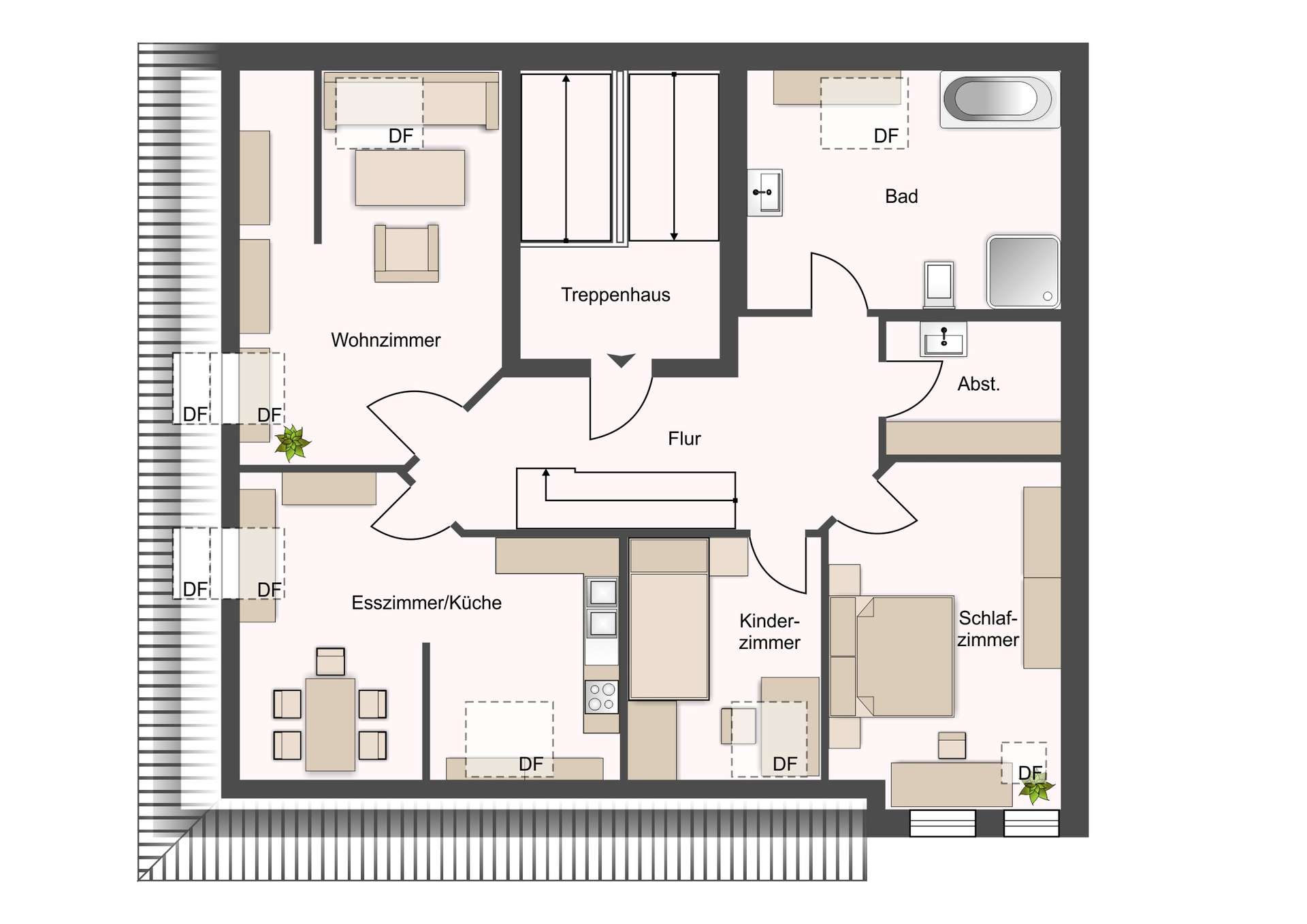 Grundriss einer Wohnung mit Wohnzimmer, Esszimmer/Küche, Schlafzimmer, Kinderzimmer, Bad, Flur, Abstellraum und Treppenhaus.