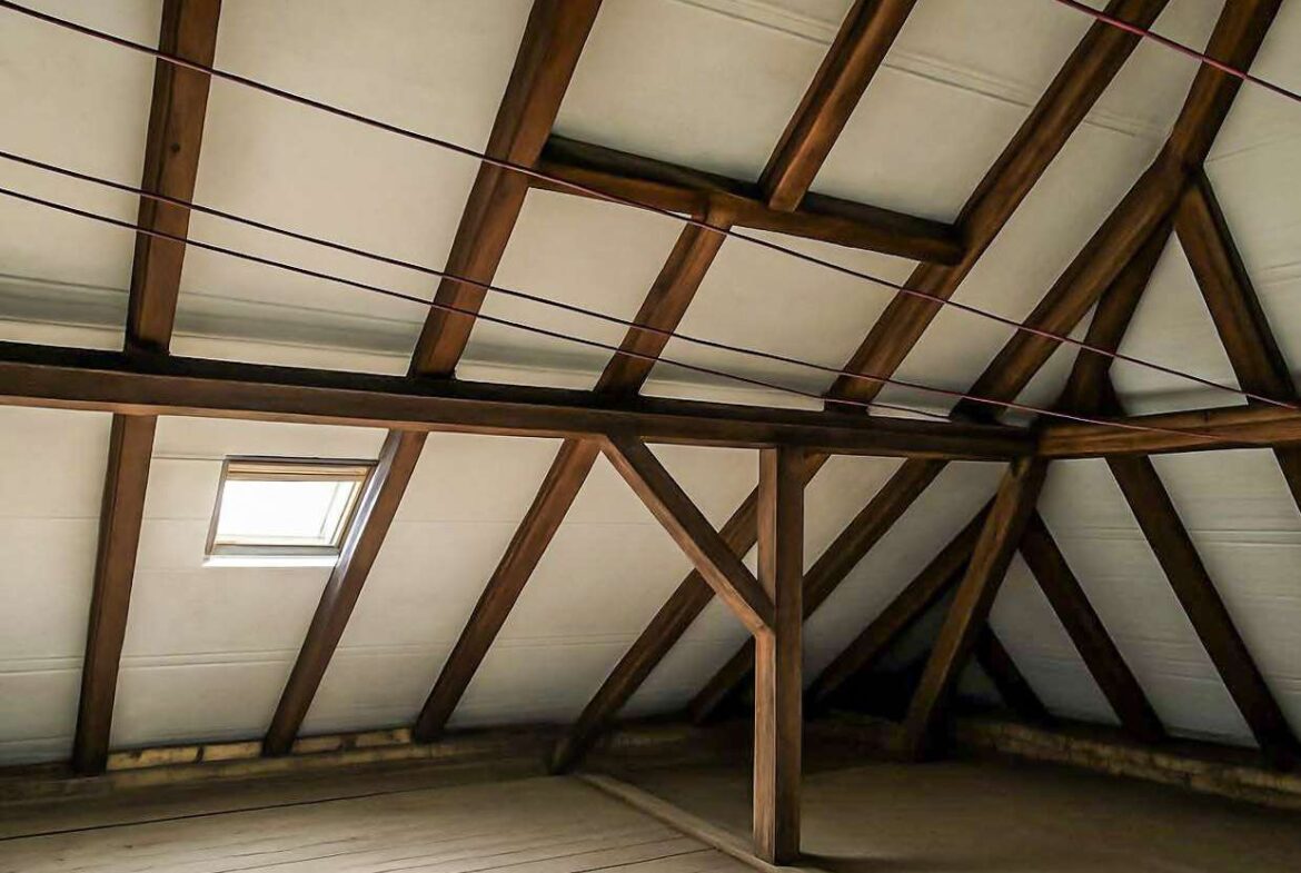 Attic with exposed wooden roof trusses, slanted ceiling, and a small skylight window letting in light, empty space below