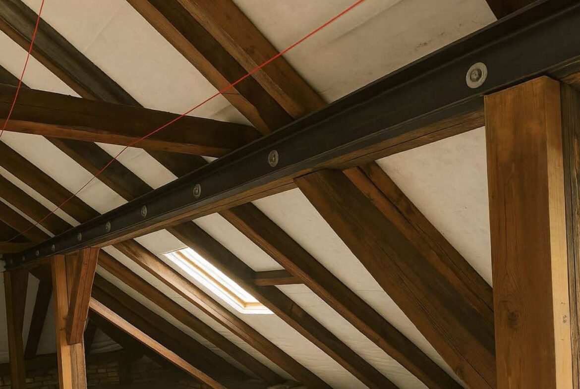 Wooden attic with diagonal roof beams, a skylight, and a long metal support beam with bolts across the space.