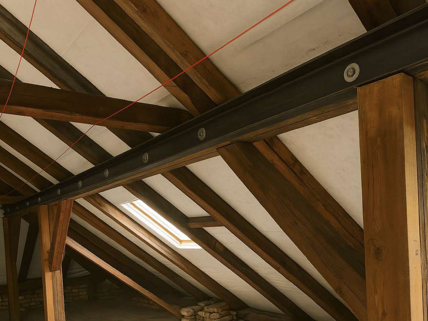 Wooden attic with diagonal roof beams, a skylight, and a long metal support beam with bolts across the space.