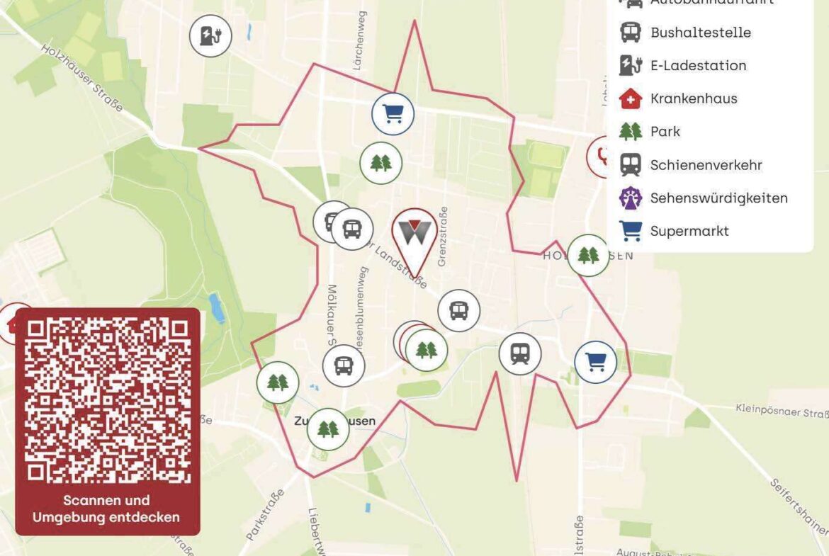 Interactive city map showing a red boundary with icons for shops, parks, transit, and services; a legend on the right lists points of interest; QR code area bottom-left invites scanning to discover surroundings; top shows travel-time markers (10/20/30 min).