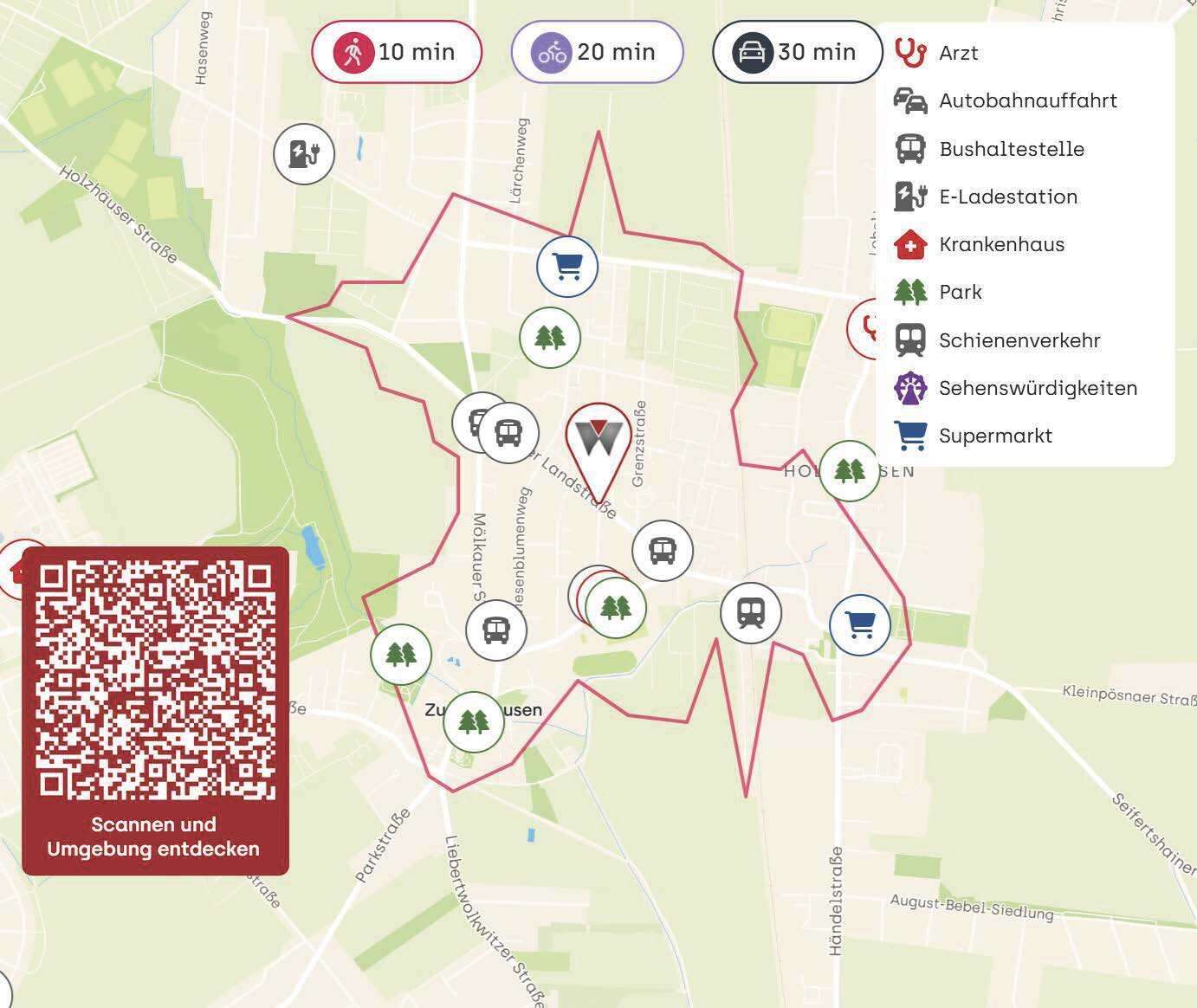 Interactive city map showing a red boundary with icons for shops, parks, transit, and services; a legend on the right lists points of interest; QR code area bottom-left invites scanning to discover surroundings; top shows travel-time markers (10/20/30 min).