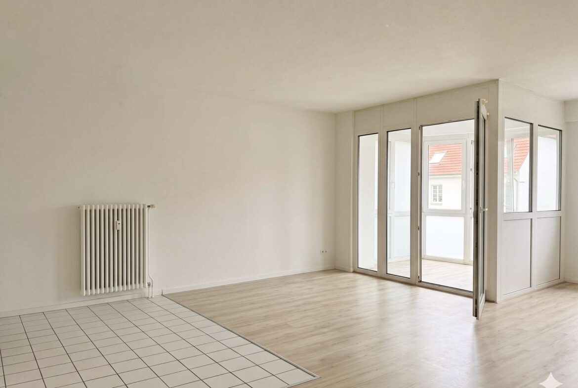 Bright empty living room with large glass doors to a balcony, light wood flooring, and white walls with a radiator on the left.