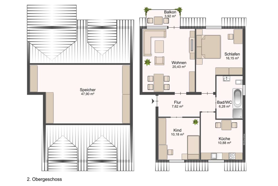 Second-floor architectural floor plan showing rooms labeled Wohnen (living room), Schlafen (bedroom), Küche (kitchen), Kind (child’s room), Bad/WC (bathroom), Flur (hallway), Balkon (balcony), and Speicher (storage) with their areas in square meters, plus furniture layout.