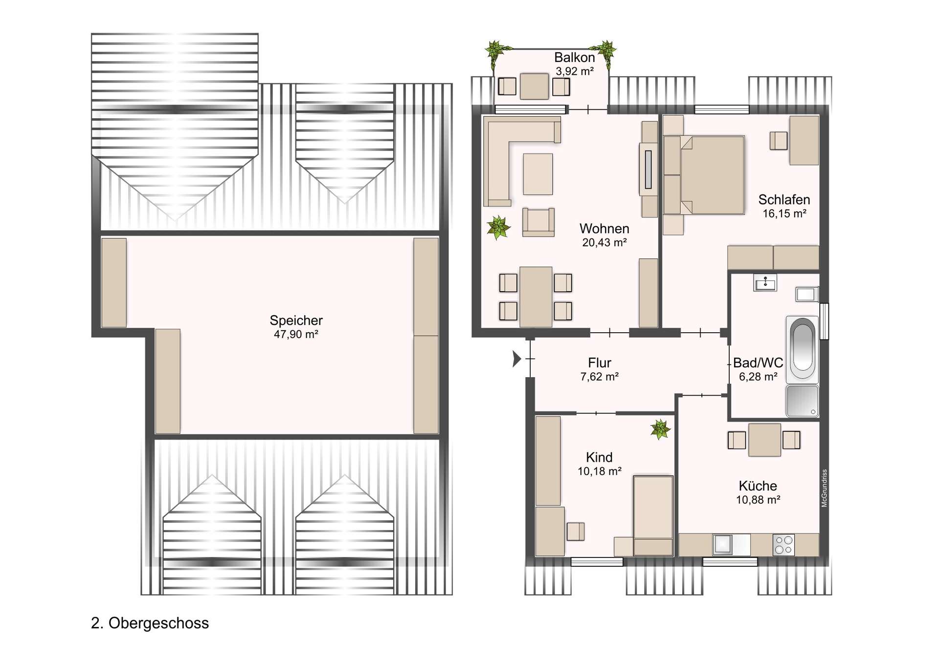 Second-floor architectural floor plan showing rooms labeled Wohnen (living room), Schlafen (bedroom), Küche (kitchen), Kind (child’s room), Bad/WC (bathroom), Flur (hallway), Balkon (balcony), and Speicher (storage) with their areas in square meters, plus furniture layout.