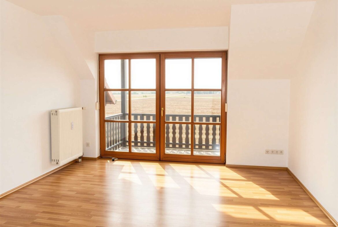 Sunlit empty room with a wooden floor and large glass door opening to a balcony overlooking fields.