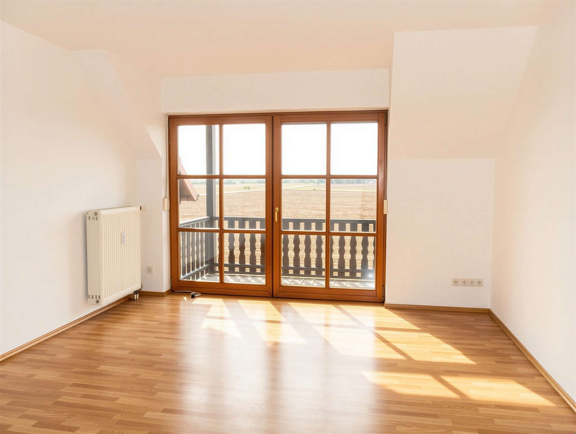 Sunlit empty room with a wooden floor and large glass door opening to a balcony overlooking fields.