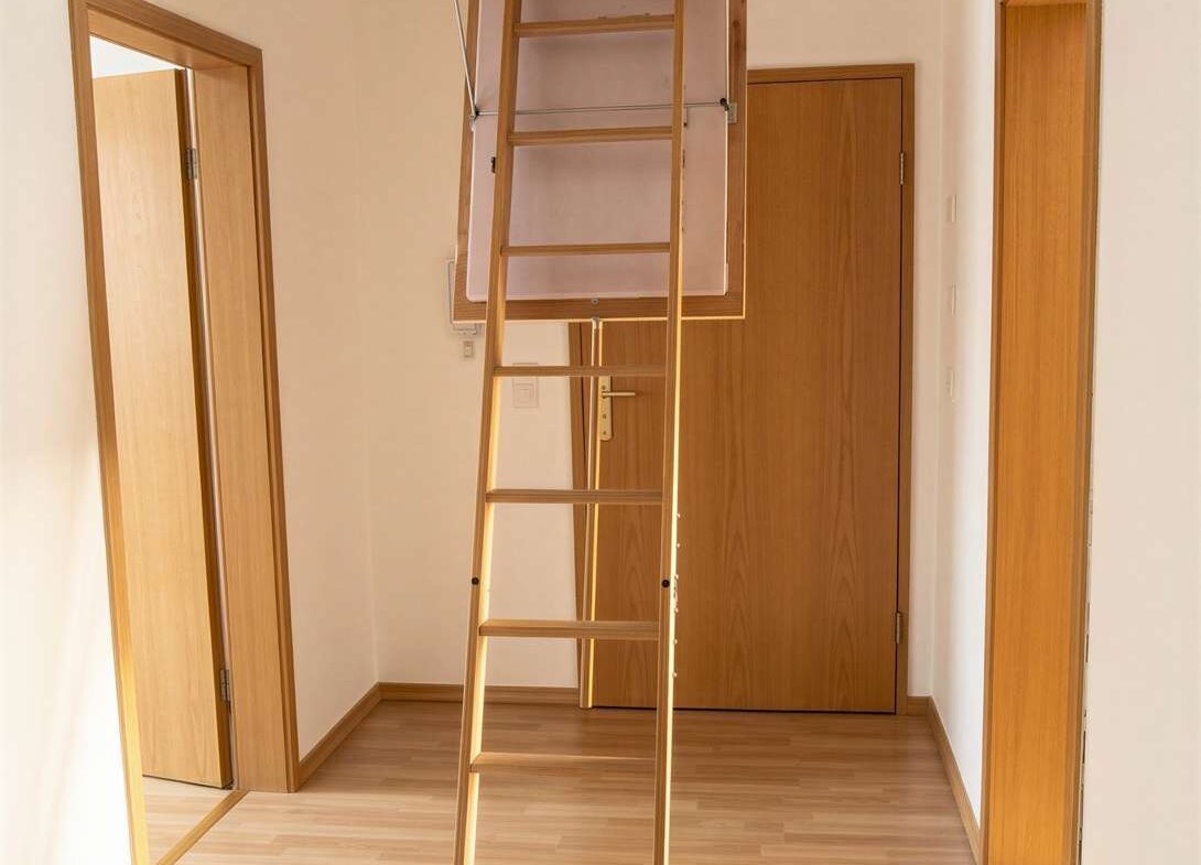 Wooden ladder rising to a loft opening in a narrow hallway, with light wood flooring and doors on either side.