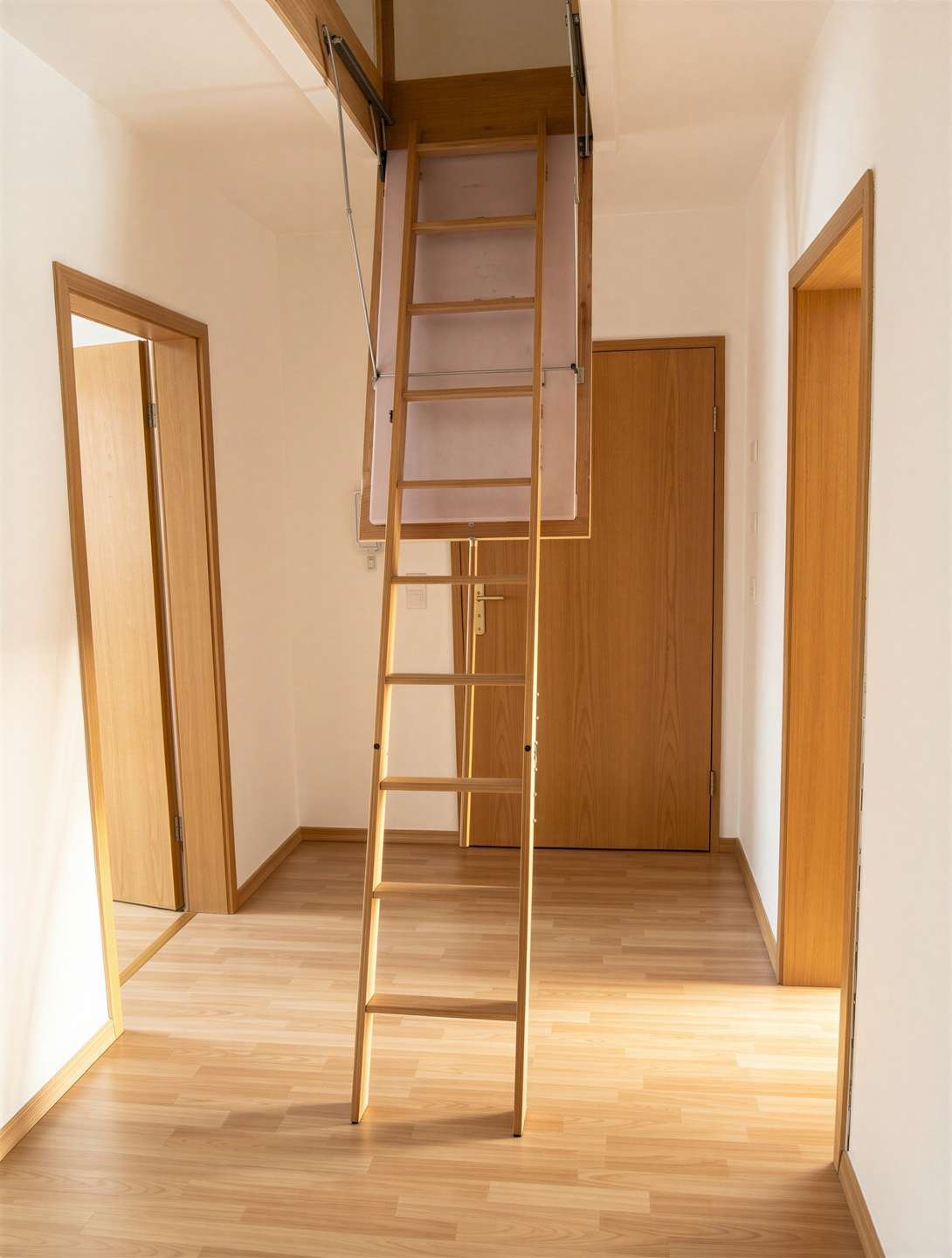 Wooden ladder rising to a loft opening in a narrow hallway, with light wood flooring and doors on either side.