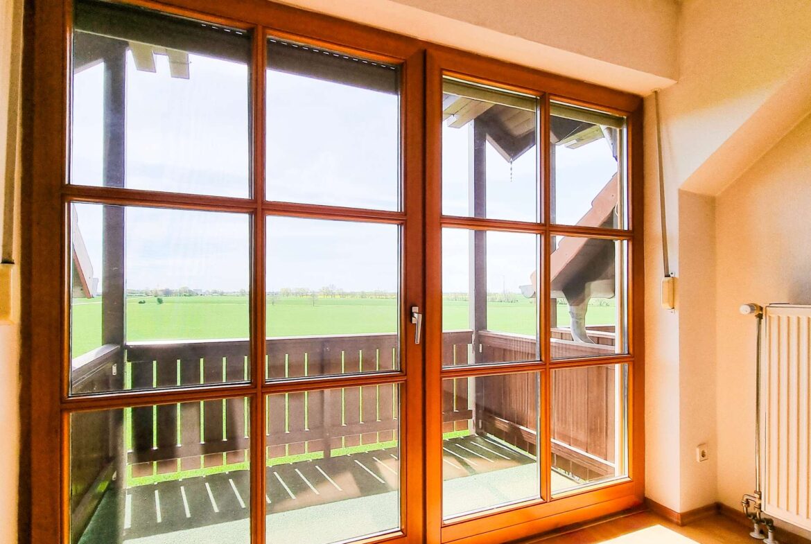 Interior view of large wooden-framed windows letting in sunlight, with green fields visible outside.