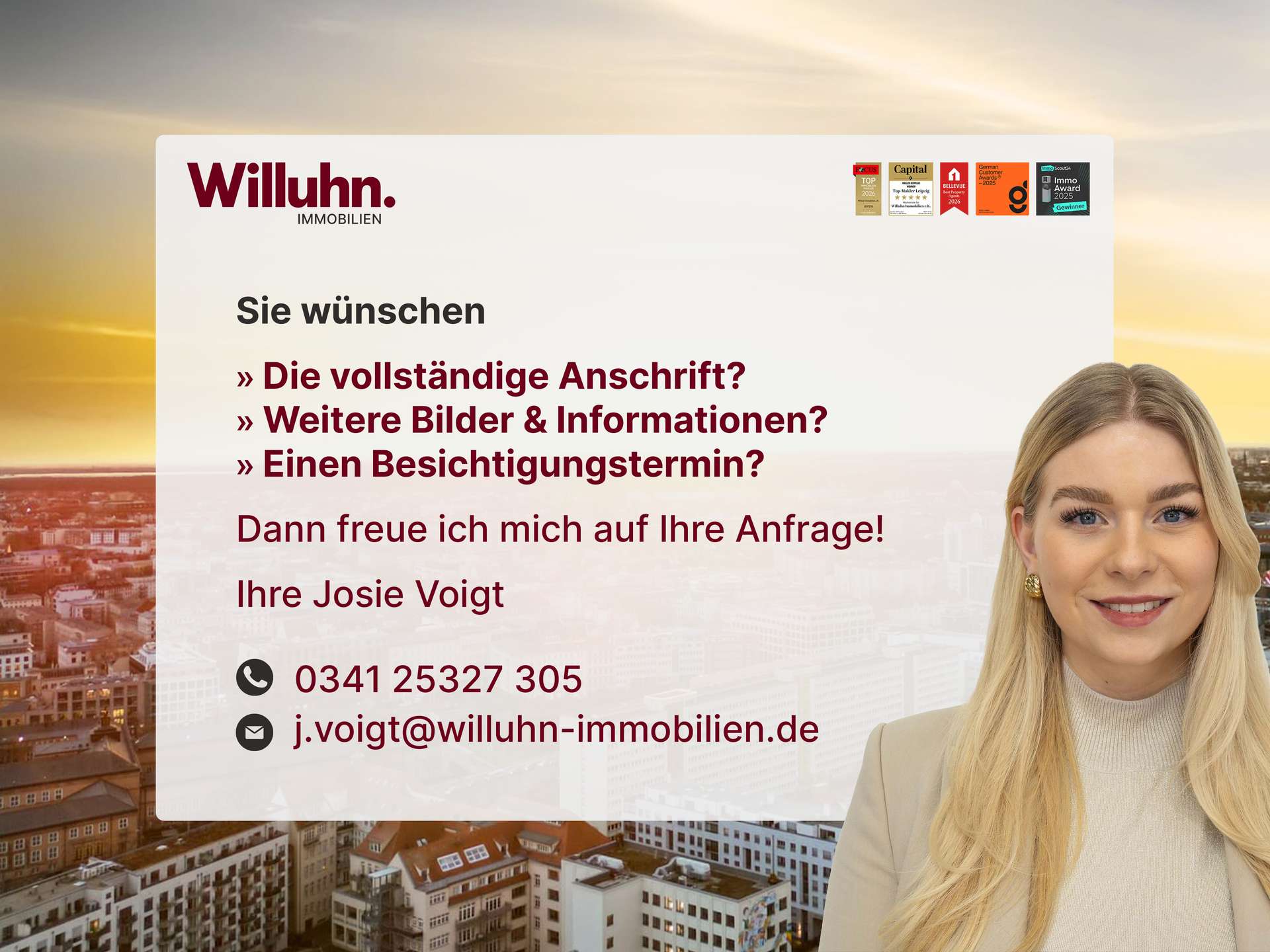 Willuhn Immobilien hero banner: cityscape background, a smiling woman on the right, and German contact/text on a light panel with award badges top-right.
