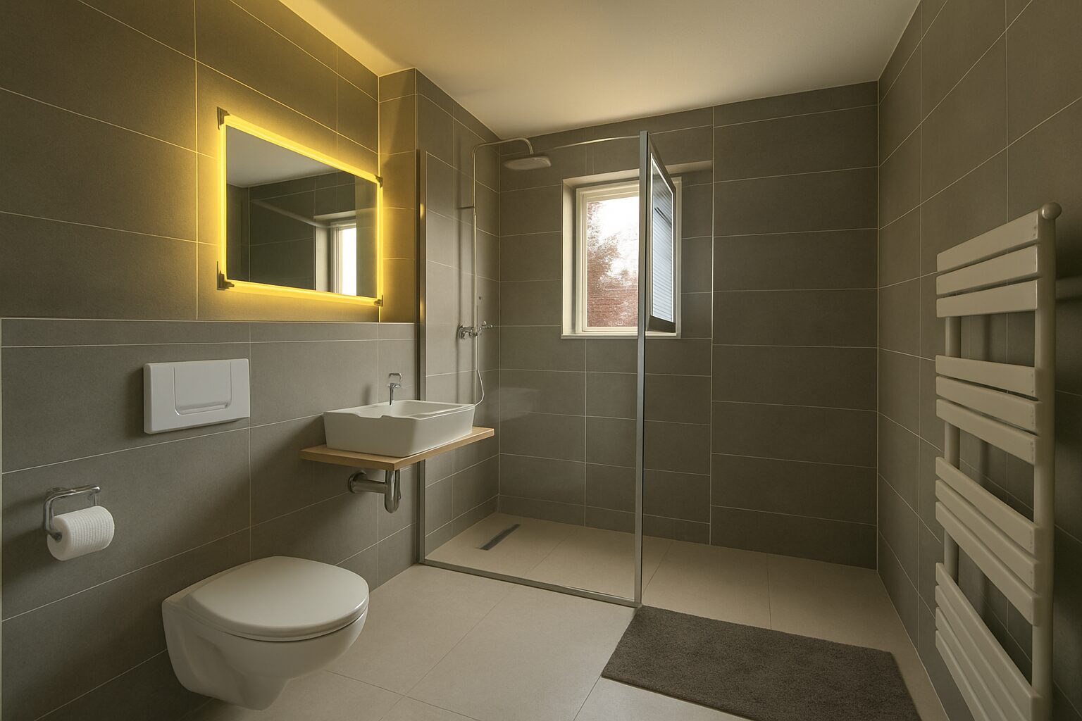 Modern grey bathroom with wall-hung toilet, backlit mirror, vessel sink on a wooden shelf, glass shower and window.